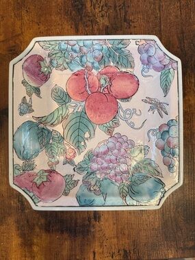 Andrea By Sadek Pink and Teal Fruit Motif Decorative Tile